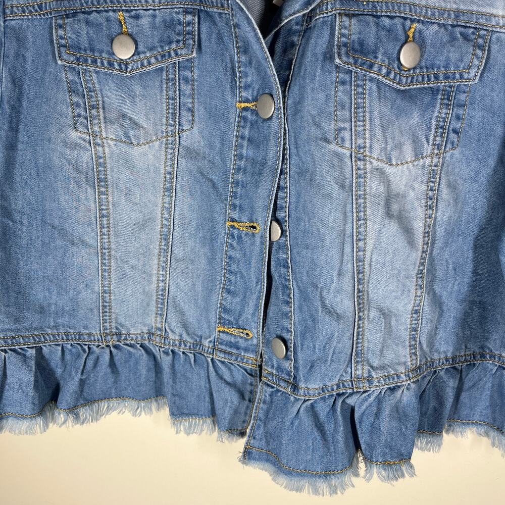 Allegra K Jacket Womens Large Top Layer Lt Wt Denim Cropped Ruffled Jean Frayed - Picture 6 of 12